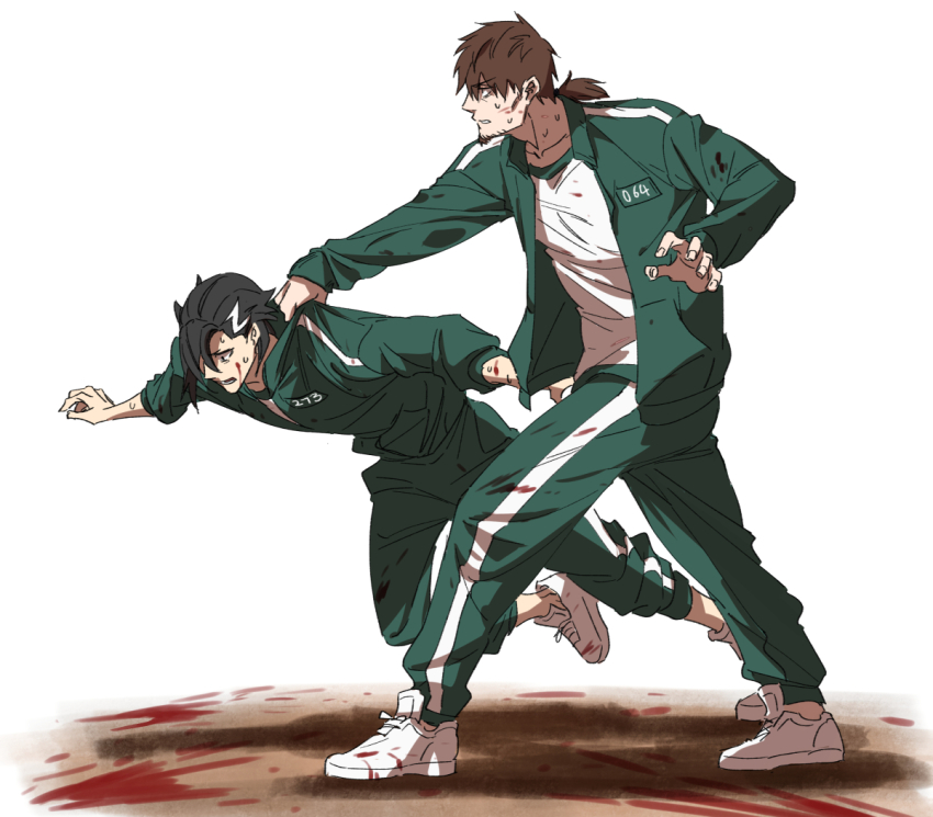 2boys, bcbcmmmmm, black_hair, blood, blood_on_clothes, blood_on_shoes, brown_hair, clothes_grab