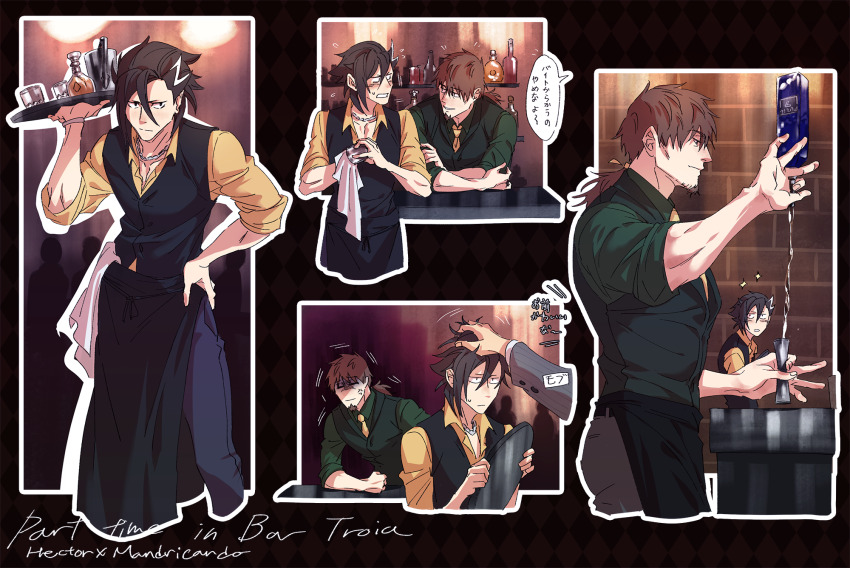 2boys, alcohol, apron, bartender, bcbcmmmmm, black_apron, black_hair, brown_hair