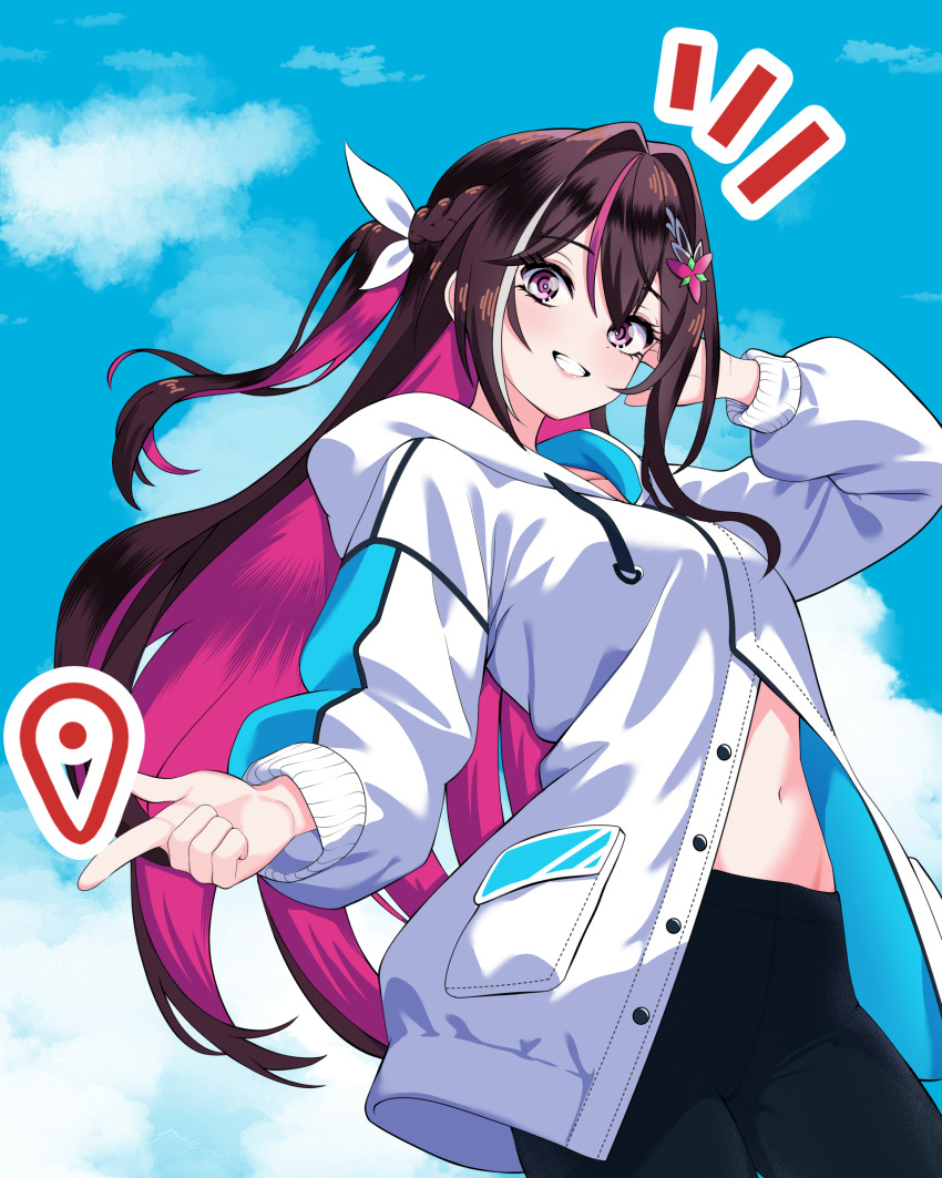 1girl, absurdres, alternate_costume, azki_(hololive), black_pants, blue_sky, braid, brown_hair