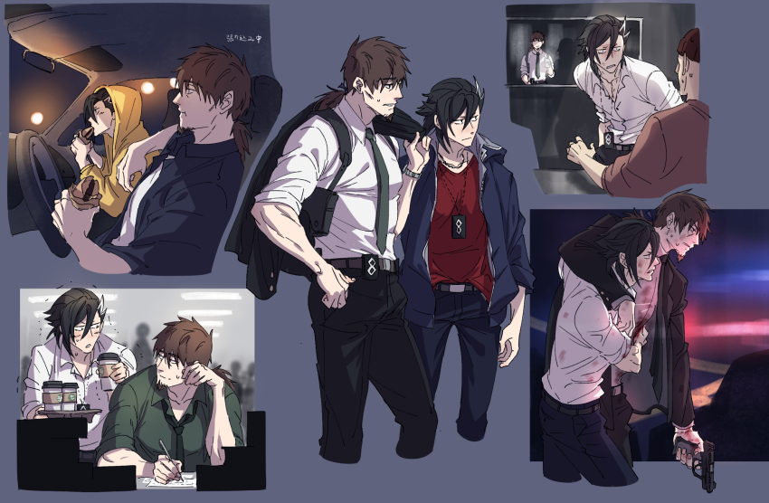 2boys, bcbcmmmmm, belt, black_pants, cropped_legs, cup, fate/grand_order, fate_(series)