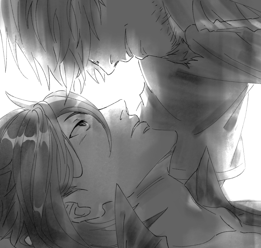 2boys, adam's_apple, bcbcmmmmm, facial_hair, fate/grand_order, fate_(series), goatee, greyscale