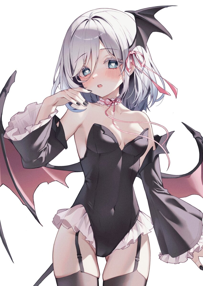 1girl, :o, alternate_costume, bare_shoulders, black_leotard, black_survival, blue_eyes, breasts