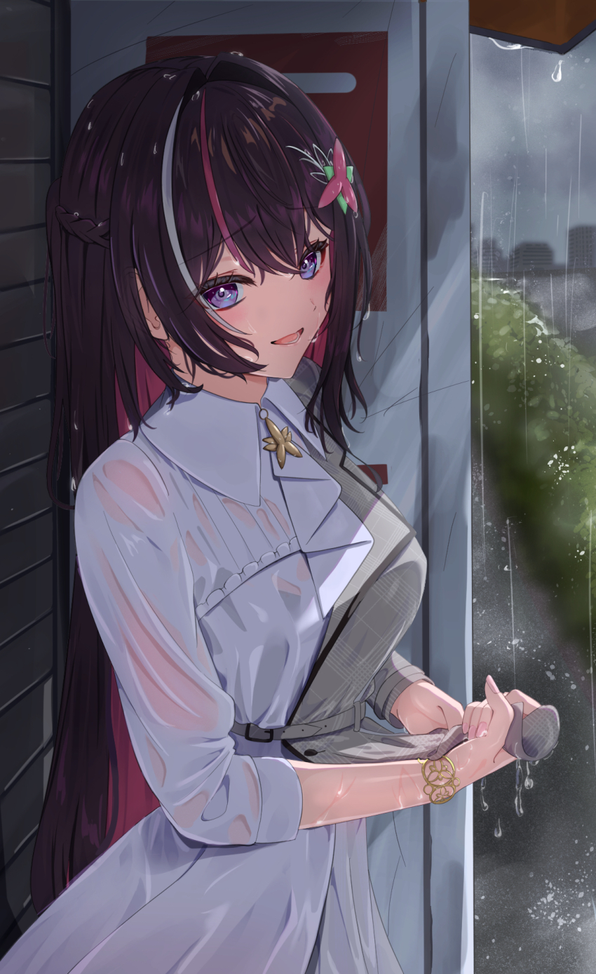 1girl, ascot, awning, azki_(4th_costume)_(hololive), azki_(hololive), blue_eyes, bra_visible_through_clothes, bracelet