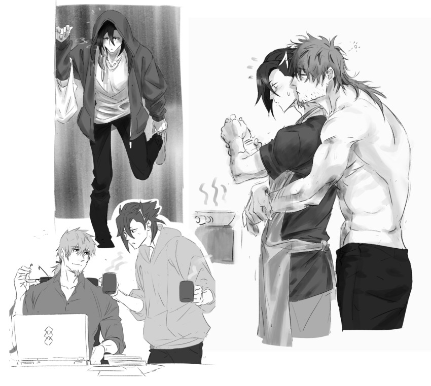 2boys, abs, apron, bcbcmmmmm, computer, cup, facial_hair, fate/grand_order, fate_(series), flying_sweatdrops, frying_pan, goatee, greyscale, hector_(fate), holding, holding_cup, hood, hood_down, hood_up, hug, hug_from_behind, laptop, long_hair, male_focus, mandricardo_(fate), messy_hair, monochrome, multiple_boys, multiple_views, pants, ponytail, sparse_stubble, sweatdrop, topless_male, yaoi