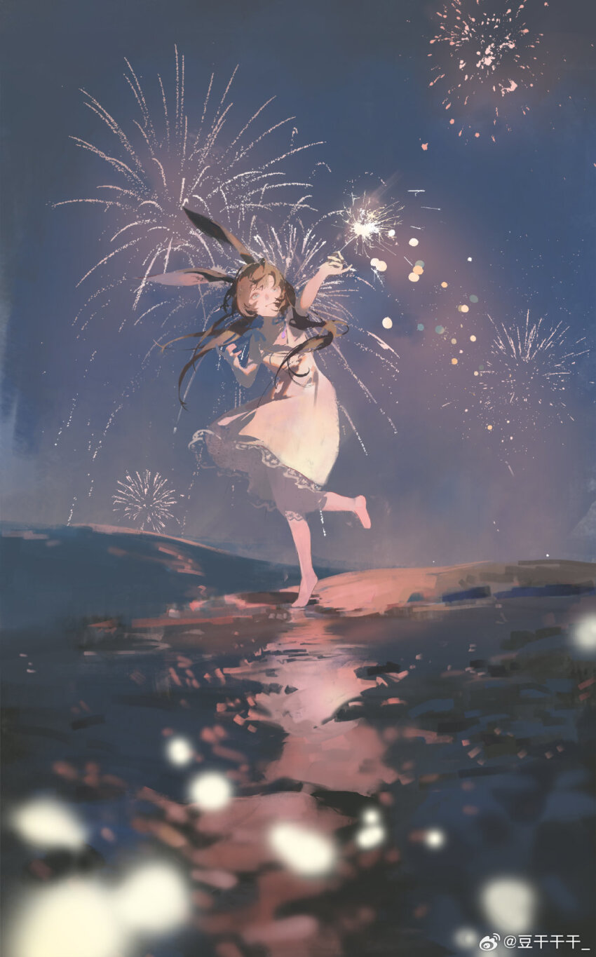1girl, aerial_fireworks, amiya_(arknights), animal_ear_fluff, animal_ears, arknights, bare_arms, bare_shoulders, barefoot, blue_sky, brown_hair, commentary, day, dougangangan, dress, fireworks, highres, long_hair, outdoors, rabbit_ears, sky, sleeveless, sleeveless_dress, solo, standing, standing_on_one_leg, tiptoes, very_long_hair, white_dress