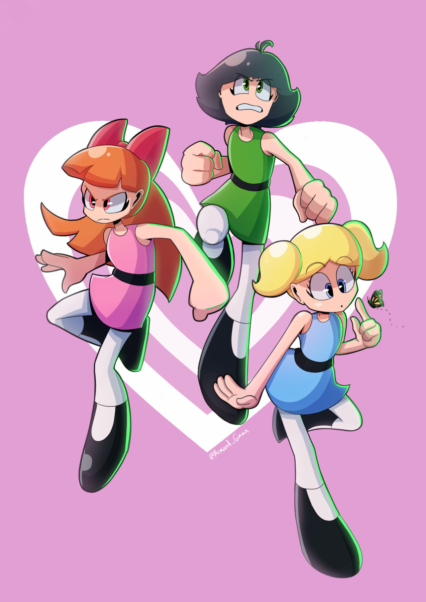 3girls, :o, antenna_hair, black_hair, black_shoes, blonde_hair, blossom_(ppg), blue_dress
