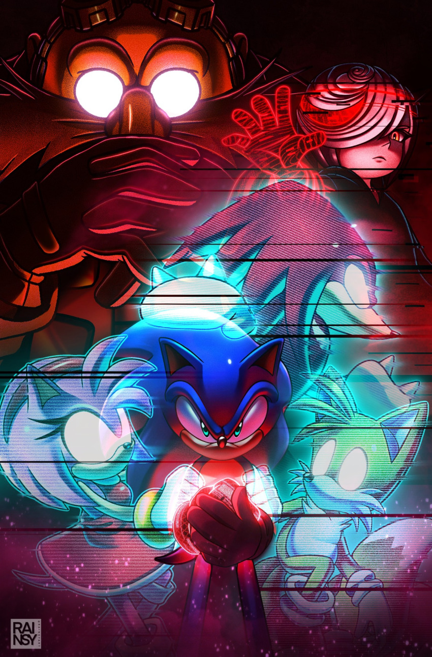 amy_rose, artist_request, blue_fur, cybernetic, dr._eggman, dress, facial_hair, gloves, grey_hair, highres, knuckles_the_echidna, mustache, pink_fur, rainsy, red_fur, sage_(sonic), shoes, socks, sonic_(series), sonic_frontiers, sonic_the_hedgehog, sunglasses, tails_(sonic), yellow_fur