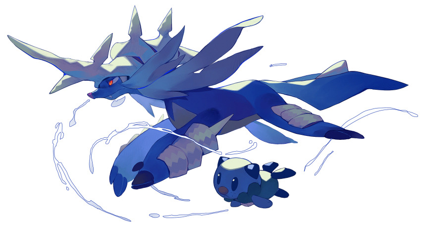 blue_skin, claws, closed_mouth, colored_skin, commentary, english_commentary, fang, fins, from_side, full_body, gen_5_pokemon, highres, horns, huo_jian, looking_ahead, nintendo, no_humans, oshawott, pokemon, pokemon_(creature), red_eyes, samurott, single_horn, swimming, water, white_background