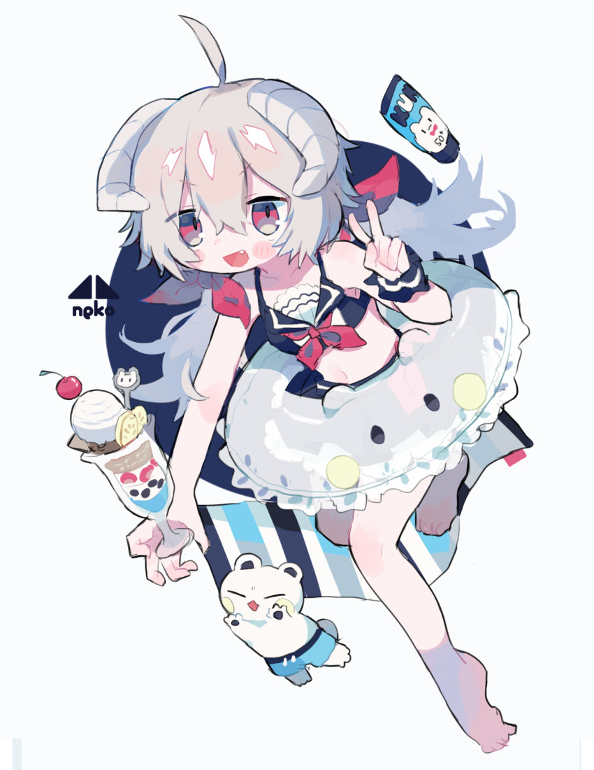 1girl, ahoge, barefoot, bikini, black_bikini, blush_stickers, bow, breasts