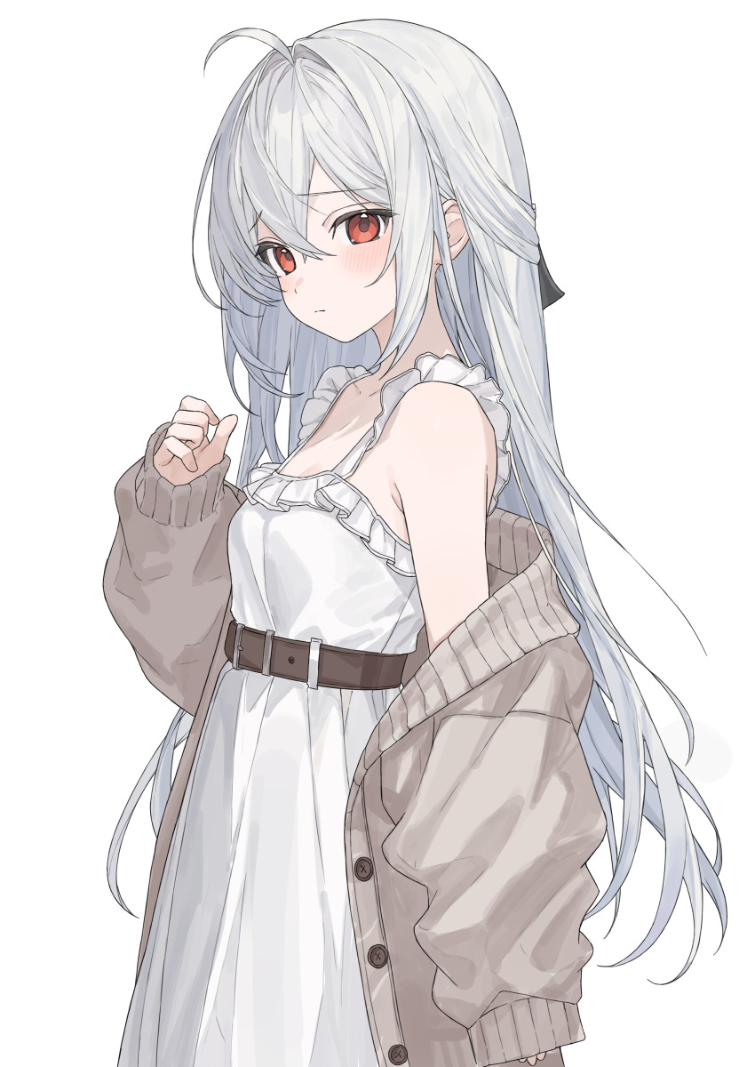 1girl, absurdres, ahoge, armpit_crease, bare_shoulders, belt, blush, breasts, brown_jacket, closed_mouth, commission, crossed_bangs, double-parted_bangs, dress, frilled_dress, frills, frown, hair_between_eyes, half_updo, hand_up, highres, irene_paltrow, jacket, karyln, korean_commentary, long_hair, long_sleeves, looking_at_viewer, off_shoulder, open_clothes, open_jacket, original, red_eyes, second-party_source, simple_background, sleeveless, sleeveless_dress, small_breasts, solo, sundress, upper_body, very_long_hair, white_background, white_dress, white_hair