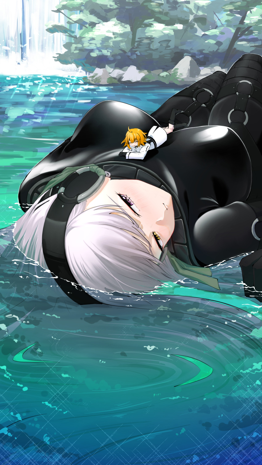 2girls, absurdres, black_bodysuit, blonde_hair, bodysuit, breasts, chaldea_security_organization, chaldea_uniform, fate/grand_order, fate_(series), fujimaru_ritsuka_(female), fujimaru_ritsuka_(female)_(decisive_battle_chaldea_uniform), giant, giantess, highres, kingprotea_(fate), large_breasts, long_hair, looking_at_another, multiple_girls, one_side_up, orange_eyes, ribbon, skirt, smile, toumokorosi_01, xochitonal_(fate), yellow_eyes