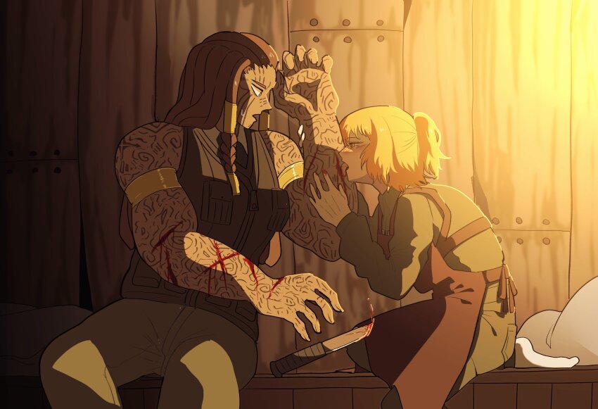 2girls, 3nu13nu1, apron, armband, blood, blood_on_arm, blood_on_hands, blood_on_tongue, bloody_knife, braided_dreadlocks, collared_shirt, dark-skinned_female, dark_skin, dropping, facial_tattoo, freckles, full-body_tattoo, hair_tubes, half_updo, highres, indoors, ishmael_(project_moon), ishmael_(the_pequod)_(project_moon), knife, licking_another's_arm, licking_blood, licking_injury, limbus_company, metal_hair_tubes, multiple_girls, muscular, muscular_female, orange_hair, pants, project_moon, queequeg_(project_moon), self-harm, shirt, short_hair, sitting, socks, tattoo, tearing_up, tears, vest, yuri