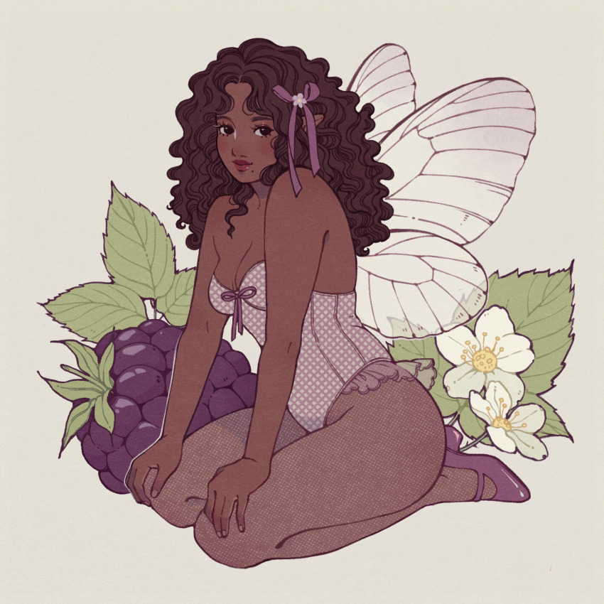 1girl, arm_support, bare_shoulders, blush, breasts, brown_hair, bug, butterfly, cleavage, closed_mouth, commentary, dark-skinned_female, dark_skin, fairy, fairy_wings, fingernails, flower, full_body, hair_flower, hair_ornament, high_heels, highres, insect, karlovycross, leaf, legs, lips, lipstick, long_hair, looking_at_viewer, makeup, medium_breasts, mole, mole_under_mouth, nail_polish, original, pantyhose, parted_bangs, pointy_ears, purple_shoes, ribbon, see-through_clothes, seiza, shoes, simple_background, sitting, smile, solo, strapless, untranslatable_commentary, very_dark_skin, wavy_hair, white_flower, wings