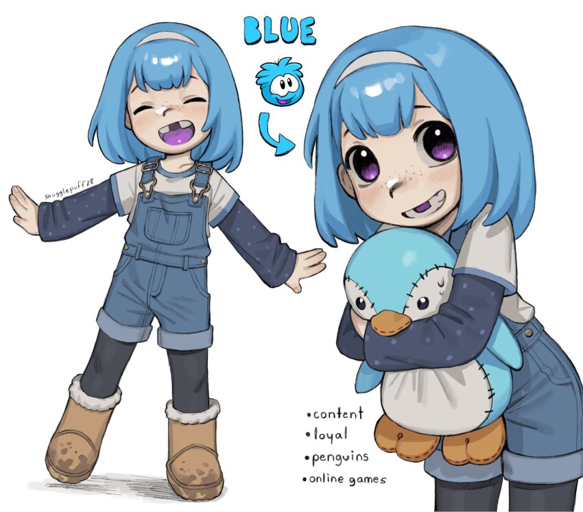 1girl, black_pantyhose, blue_hair, blue_overalls, boots, brown_boots, child, club_penguin