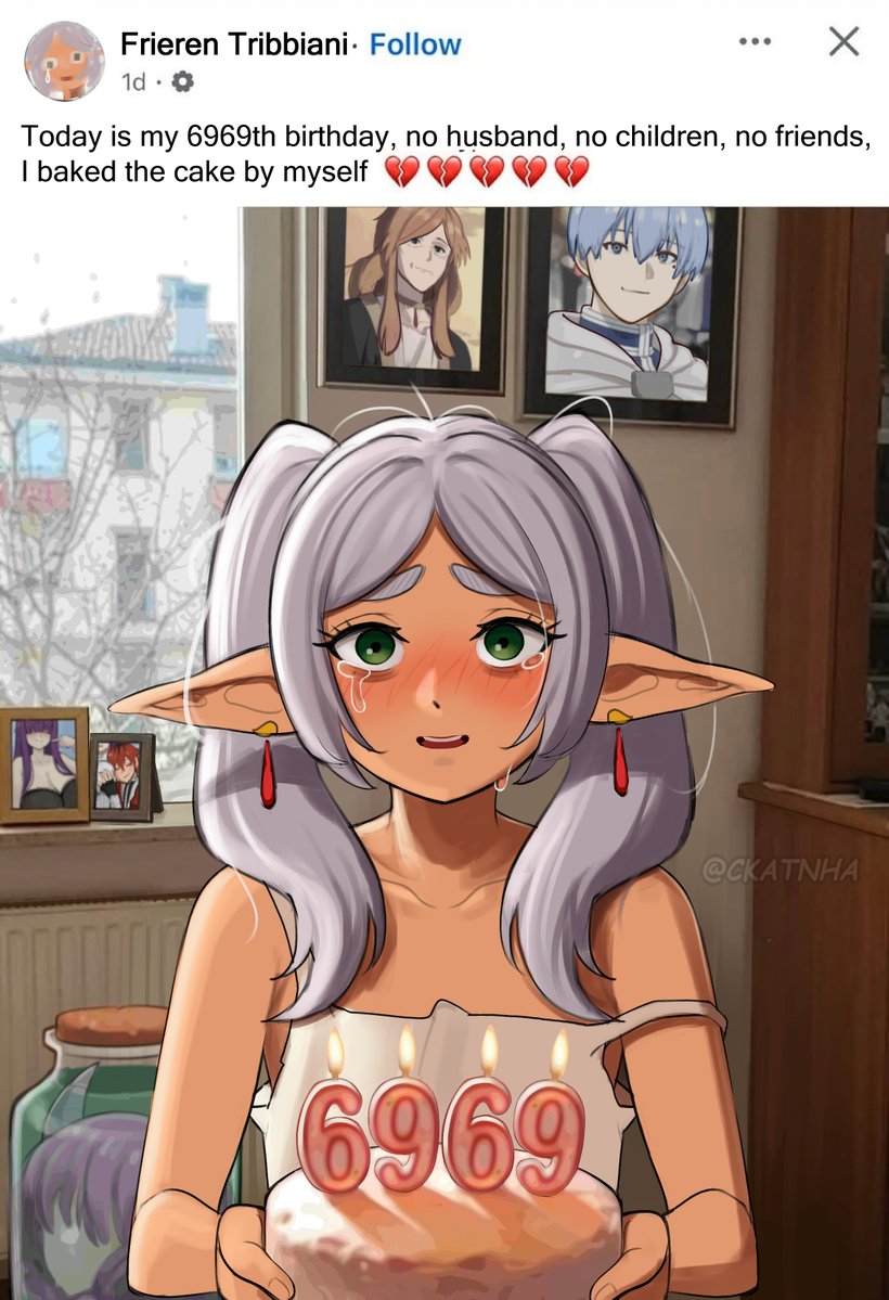 ai-assisted, ai-generated_art_(topic), ai-generated_background, aura_(sousou_no_frieren), aura_bullying_(meme), bare_shoulders, birthday, birthday_cake, black_bra, black_gloves, blue_eyes, blue_hair, blush, bra, breasts, cake, candle, ckatnha, closed_eyes, crying, crying_with_eyes_open, earrings, elf, fern_(sousou_no_frieren), fingerless_gloves, flamme_(sousou_no_frieren), food, frieren, gloves, green_eyes, head_in_jar, himmel_(sousou_no_frieren), holding, i_baked_the_cake_by_myself_(meme), indoors, jewelry, large_breasts, long_hair, looking_at_viewer, meme, open_mouth, parted_bangs, picture_frame, pointy_ears, red_hair, single_off_shoulder, solo, sousou_no_frieren, stark_(sousou_no_frieren), tears, twintails, underwear