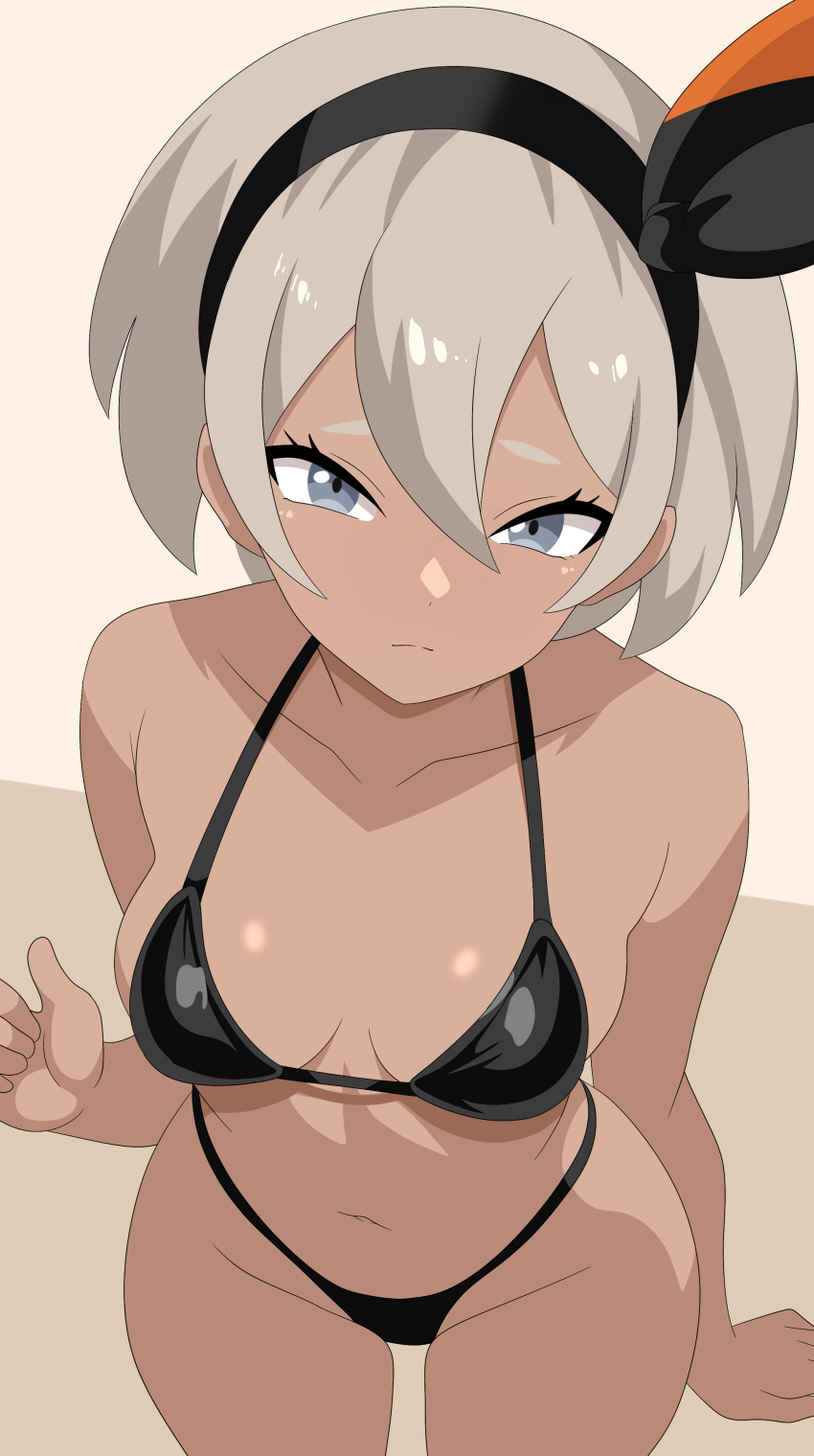 1girl, absurdres, bea_(pokemon), bikini, black_bikini, black_hairband, bow_hairband, breasts, chelsea_cola_v, closed_mouth, dark-skinned_female, dark_skin, from_above, grey_eyes, grey_hair, hairband, hand_up, highleg, highleg_bikini, highres, looking_at_viewer, navel, nintendo, pokemon, pokemon_sword_and_shield, short_hair, small_breasts, solo, stomach, swimsuit