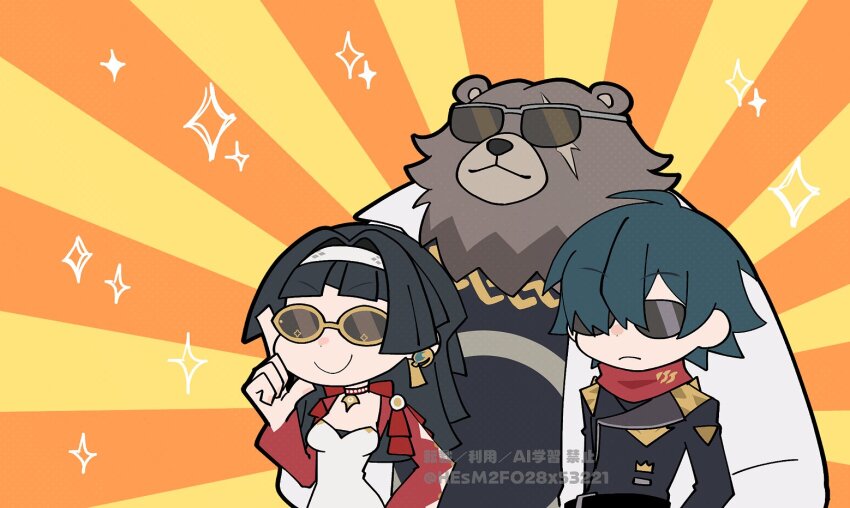 1girl, 2boys, animal_ears, astra_yao, bear_boy, ben_bigger, black_hair, black_jacket