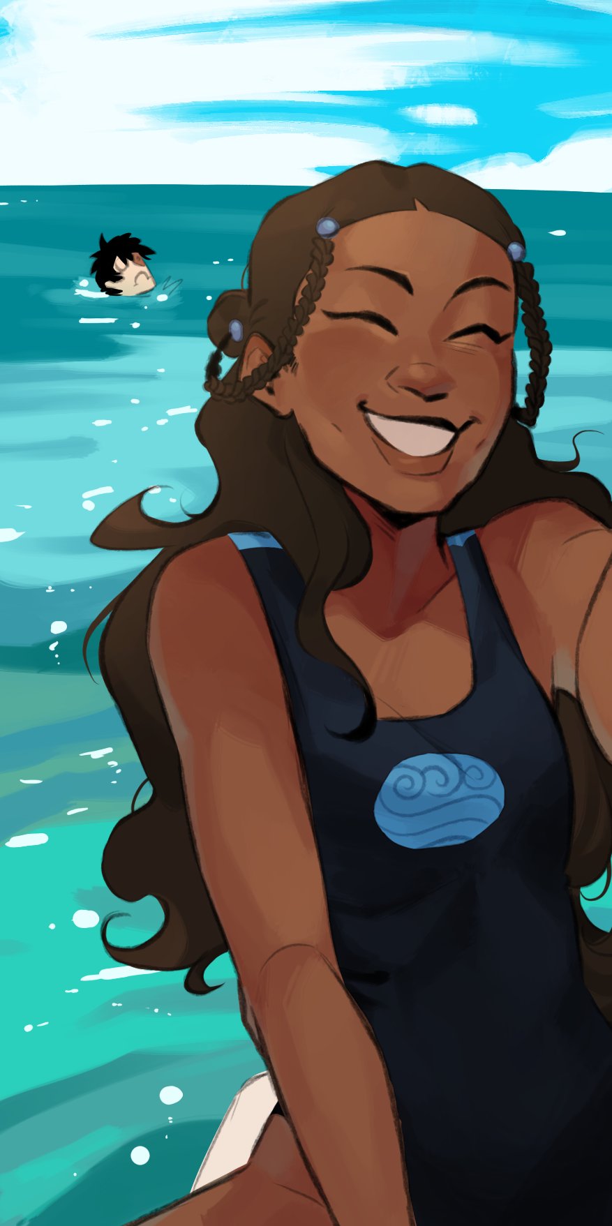 1boy, 1girl, ^_^, arm_support, avatar:_the_last_airbender, avatar_legends, black_eyes, black_one-piece_swimsuit
