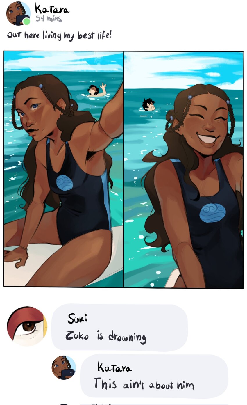 1boy, 1girl, ^_^, arm_support, avatar:_the_last_airbender, avatar_legends, black_eyes, black_one-piece_swimsuit, bracelet, brown_hair, character_name, closed_eyes, cloud, cloudy_sky, collarbone, commentary, corrupted_twitter_file, dark-skinned_female, dark_skin, day, dranktwocoffees, english_commentary, english_text, fake_screenshot, highres, jewelry, katara, meme, ocean, one-piece_swimsuit, out_here_living_my_best_life_(meme), selfie, sky, smile, surfboard, swimsuit, water, zuko