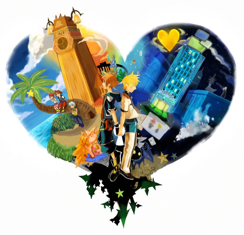 2girls, 5boys, axel, back-to-back, black_coat_(kingdom_hearts), blindfold, blonde_hair, blue_eyes, brown_hair, clock, clock_tower, closed_eyes, fingerless_gloves, gloves, heart, heartless, highres, holding_hands, jewelry, kairi_(kingdom_hearts), kairi_(shery_rakuura), kingdom_hearts, md5_mismatch, multiple_boys, multiple_girls, namine, necklace, red_hair, riku_(kingdom_hearts), roxas, shadow_(kingdom_hearts), shis-ra, silver_hair, sora_(kingdom_hearts), tower, tree, unversed