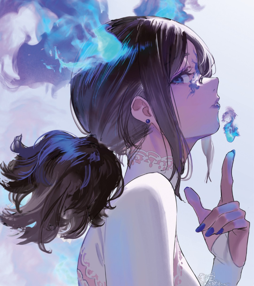 1girl, black_hair, blue_eyes, cropped_shoulders, fiery_horns, finger-tip_fire, from_side, grey_background
