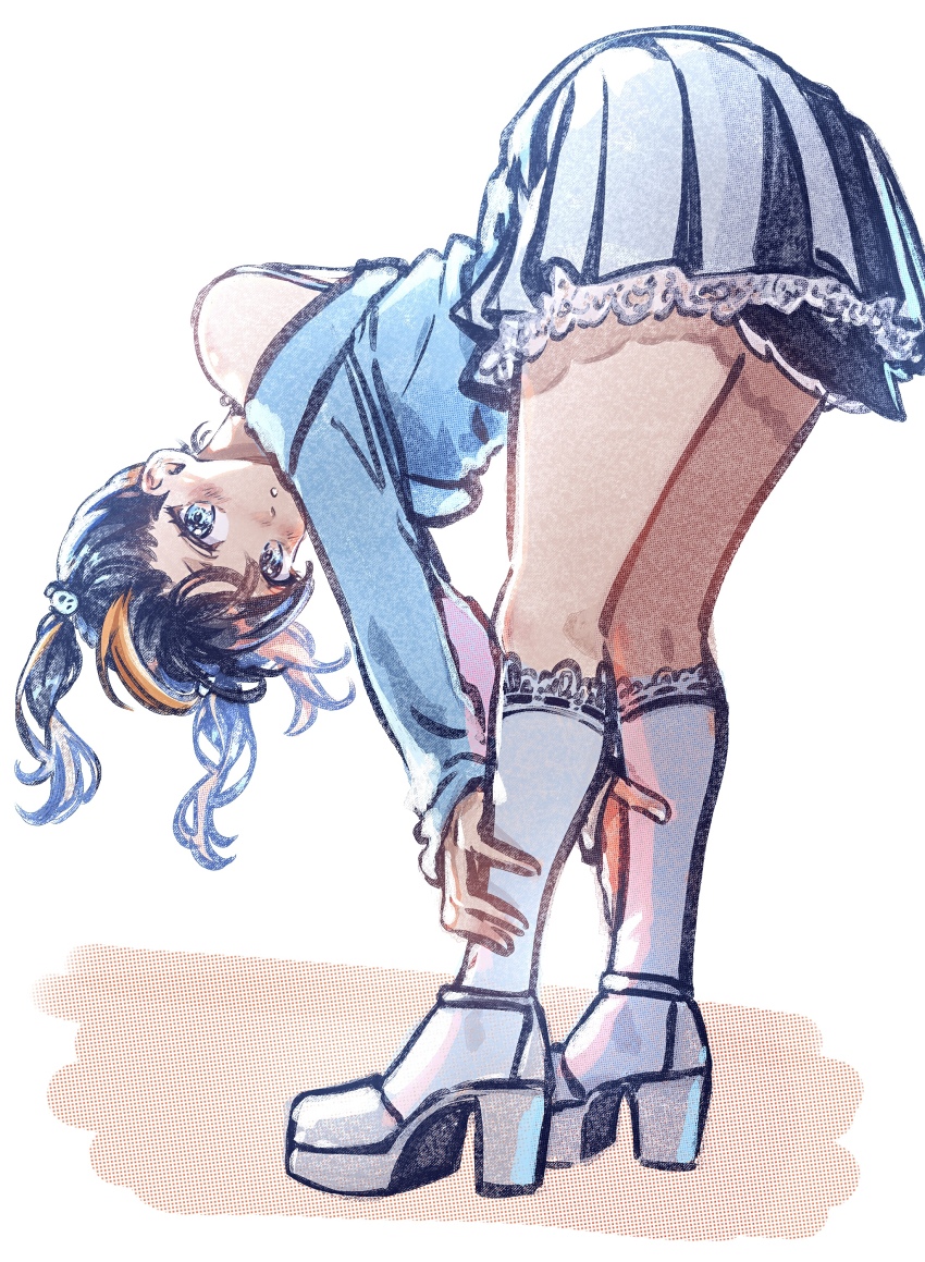 1girl, :o, absurdres, ass, bent_over, black_hair, blue_eyes, blush, from_side, full_body, hands_on_own_legs, high_heels, highres, lins_(linszhz), looking_at_viewer, medium_hair, multicolored_hair, nijisanji, nijisanji_en, off-shoulder_shirt, off_shoulder, petra_gurin, shirt, side_ponytail, skirt, solo, streaked_hair, twintails, virtual_youtuber