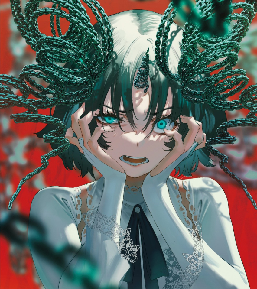 1girl, asymmetrical_eyes, blurry, blurry_foreground, bob_cut, chain_horns, crazy_eyes, cropped_shoulders