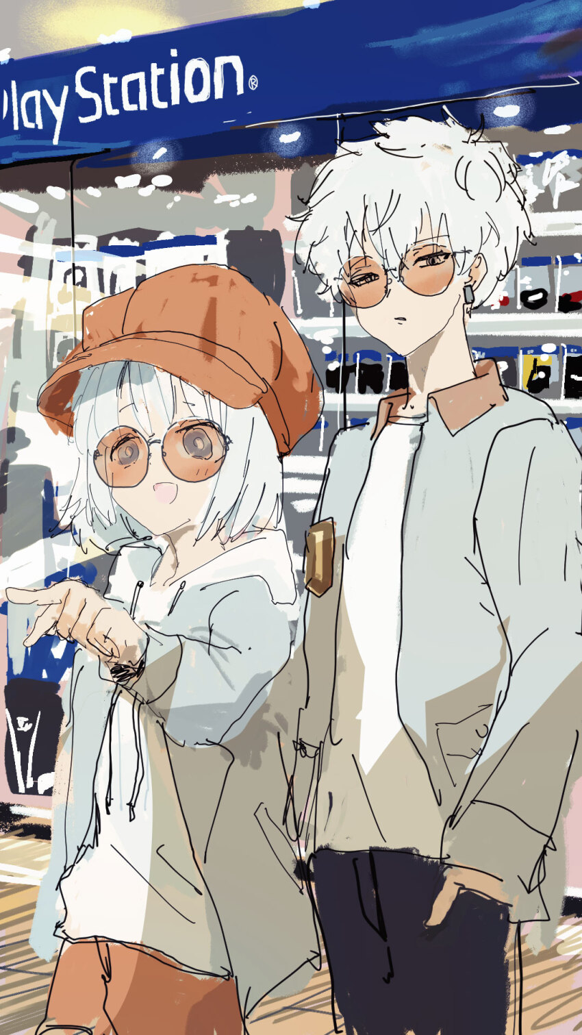 1boy, 1girl, behind_another, black_pants, newsboy_cap, closed_mouth, coeiroink, commentary_request, earrings, grey_eyes, grey_jacket, hand_in_pocket, hat, highres, hood, hood_down, hoodie, indoors, jacket, jacket_over_hoodie, jewelry, kabuyama_kaigi, kanata_(coeiroink), long_sleeves, open_clothes, open_jacket, open_mouth, orange-tinted_eyewear, orange_hat, orange_pants, pants, playstation_logo, pointing, reco_(coeiroink), shirt, shop, shopping, short_hair, smile, standing, sunglasses, tinted_eyewear, white_hair, white_hoodie, white_shirt