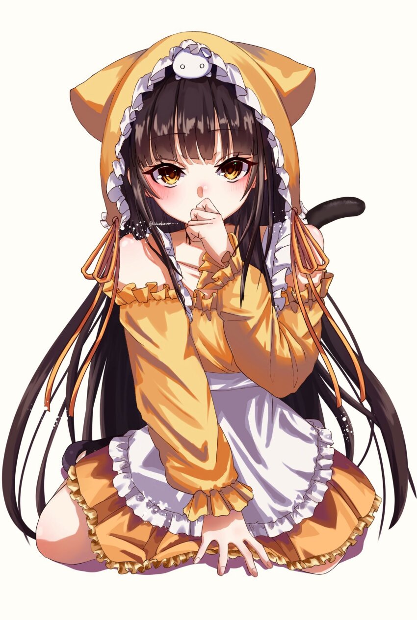 1girl, animal, animal_on_head, asakura_karen_(heaven_burns_red), blush, collarbone, detached_sleeves, dress