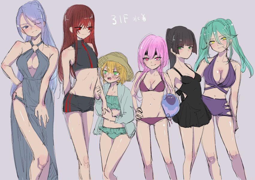 6+girls, absurdres, alternate_costume, black_hair, blonde_hair, blue_eyes, blue_hair, blunt_bangs, breasts, candy, cleavage, food, green_eyes, green_hair, hanamura_shiki, hat, heaven_burns_red, highres, kurosawa_maki, leia_1213, lollipop, long_hair, maruyama_kanata, matsuoka_chiroru, multiple_girls, natsume_inori, parted_bangs, pink_hair, ponytail, red_eyes, short_hair, short_hair_with_long_locks, sidelocks, straight_hair, team_31f_(heaven_burns_red), twintails, yanagi_mion, yellow_eyes