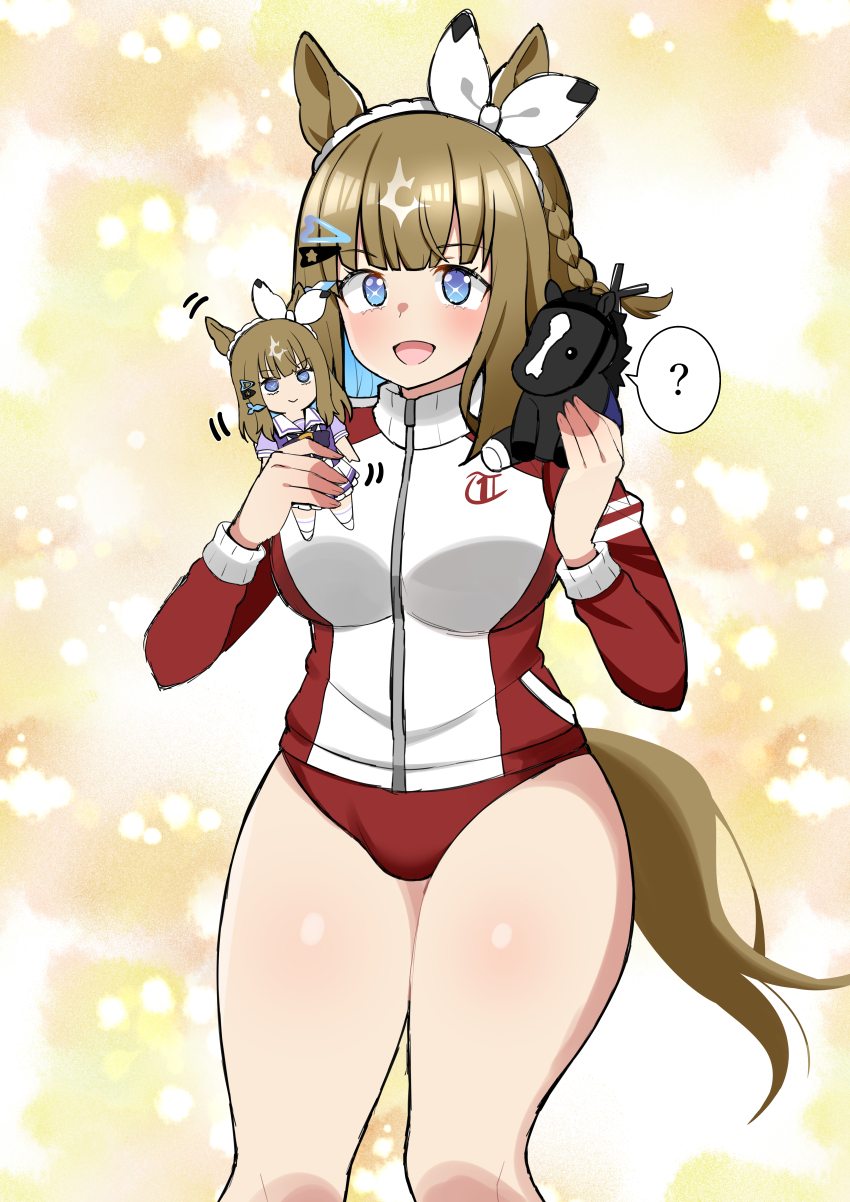 1girl, ?, absurdres, almond_eye_(umamusume), animal_ears, aramori_susumu, blue_eyes, blue_hair