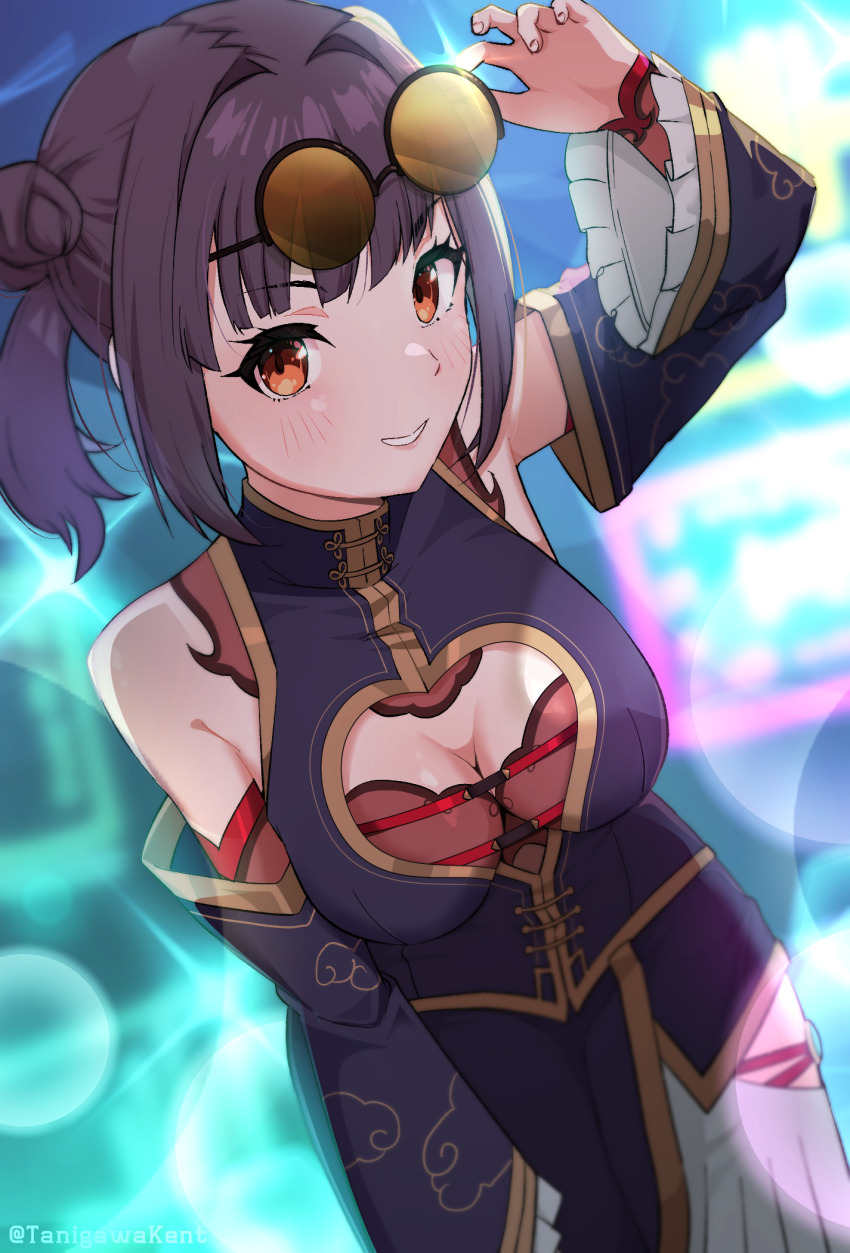 1girl, black_hair, breasts, chinese_clothes, cleavage_cutout, clothing_cutout, double_bun, dress