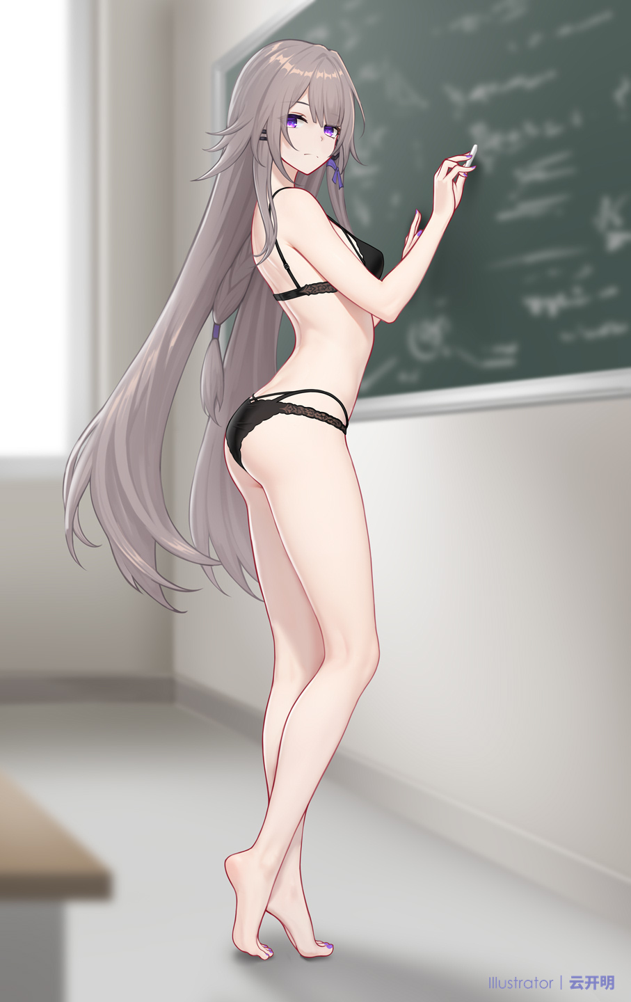 1girl, bare_legs, bare_shoulders, barefoot, black_bra, black_panties, blurry, blurry_background