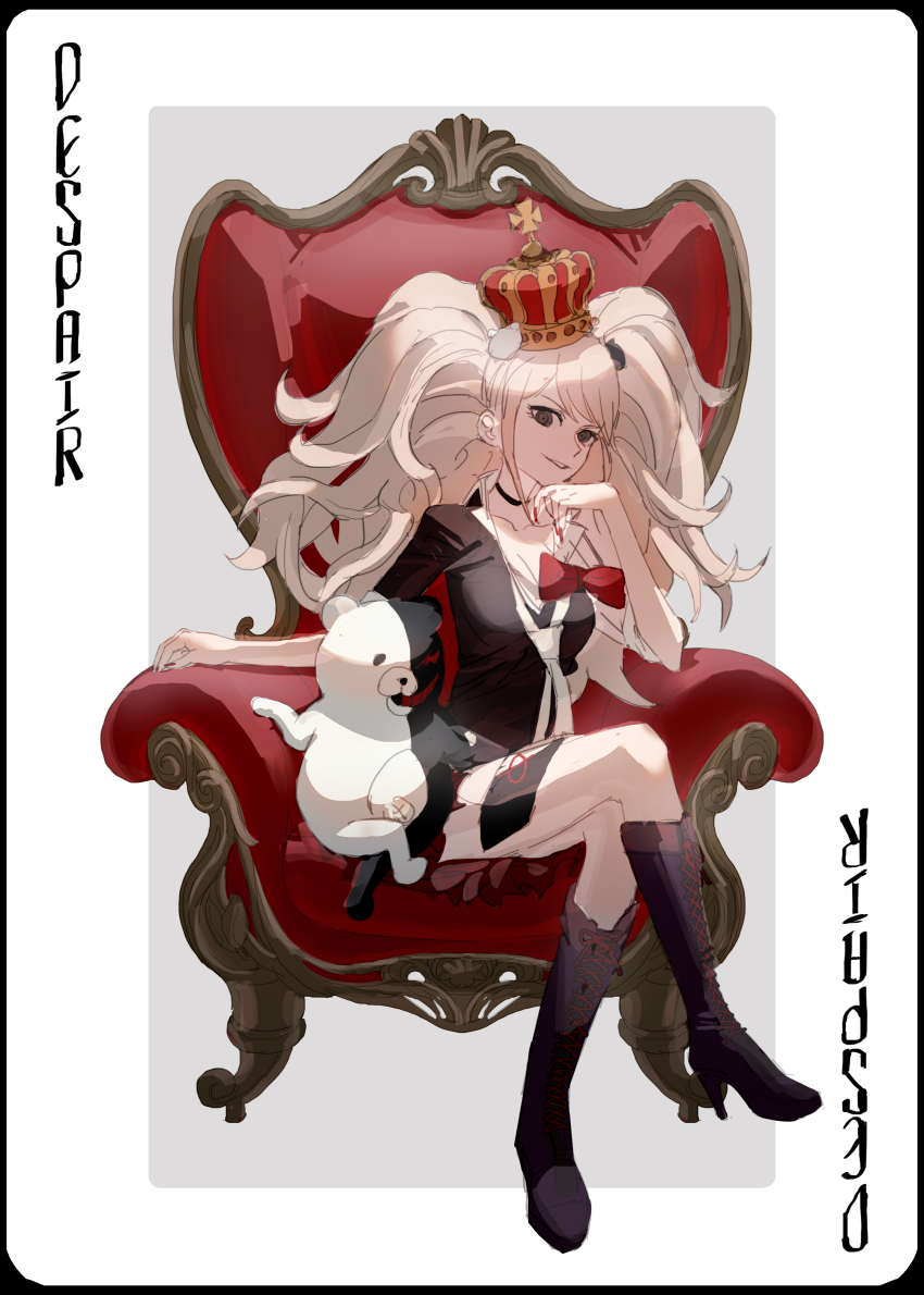 1girl, absurdres, armchair, black_boots, black_necktie, black_shirt, blonde_hair, boots, bow, bowtie, chair, crown, danganronpa:_trigger_happy_havoc, danganronpa_(series), enoshima_junko, high_heel_boots, high_heels, highres, hua_ze_you, knee_boots, long_hair, monokuma, necktie, red_bow, red_bowtie, shirt, sitting, twintails, white_background, white_necktie