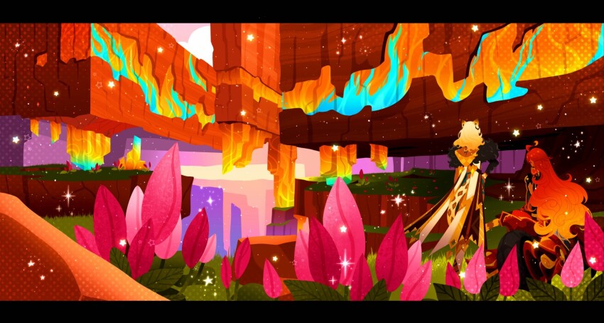 2girls, blonde_hair, cliff, colorful, crystal, dark-skinned_female, dark_skin, facing_away