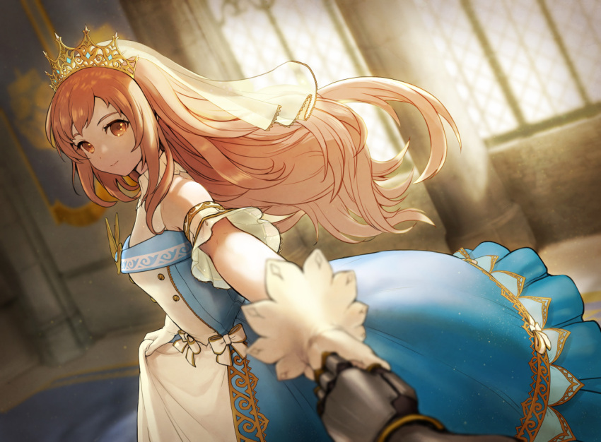 1girl, alternate_hair_length, alternate_hairstyle, artist_request, bare_shoulders, blue_dress, blurry, brown_eyes