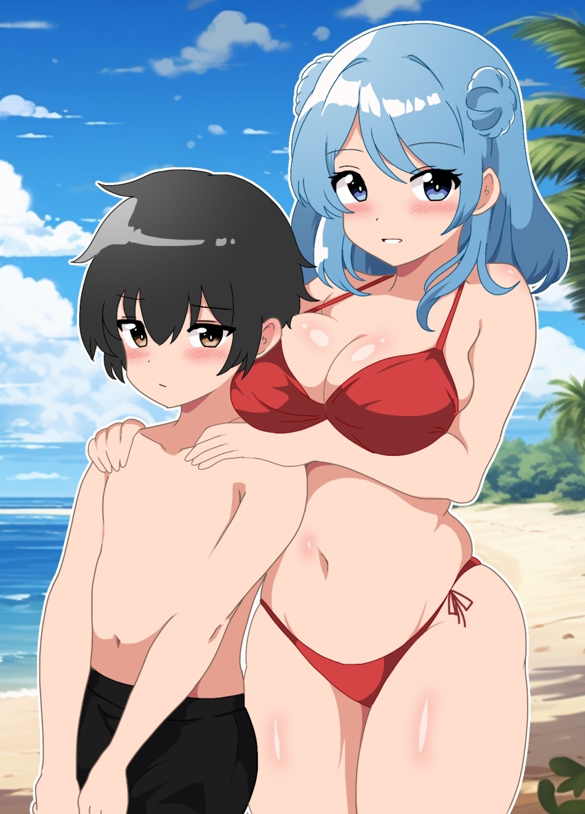 1boy, 1girl, admiral_(kancolle), age_difference, beach, bikini, black_eyes, black_shorts, blue_eyes, blue_hair, blue_sky, breast_rest, breasts, brown_eyes, carried_breast_rest, carrying, cleavage, cloud, commentary_request, day, donut_hair_bun, double_bun, hair_bun, highres, horizon, kantai_collection, kinako_mochi_(pixiv100419090), large_breasts, little_boy_admiral_(kancolle), medium_hair, navel, ocean, onee-shota, outdoors, red_bikini, short_hair, shorts, side-tie_bikini_bottom, sky, swimsuit, urakaze_(kancolle)