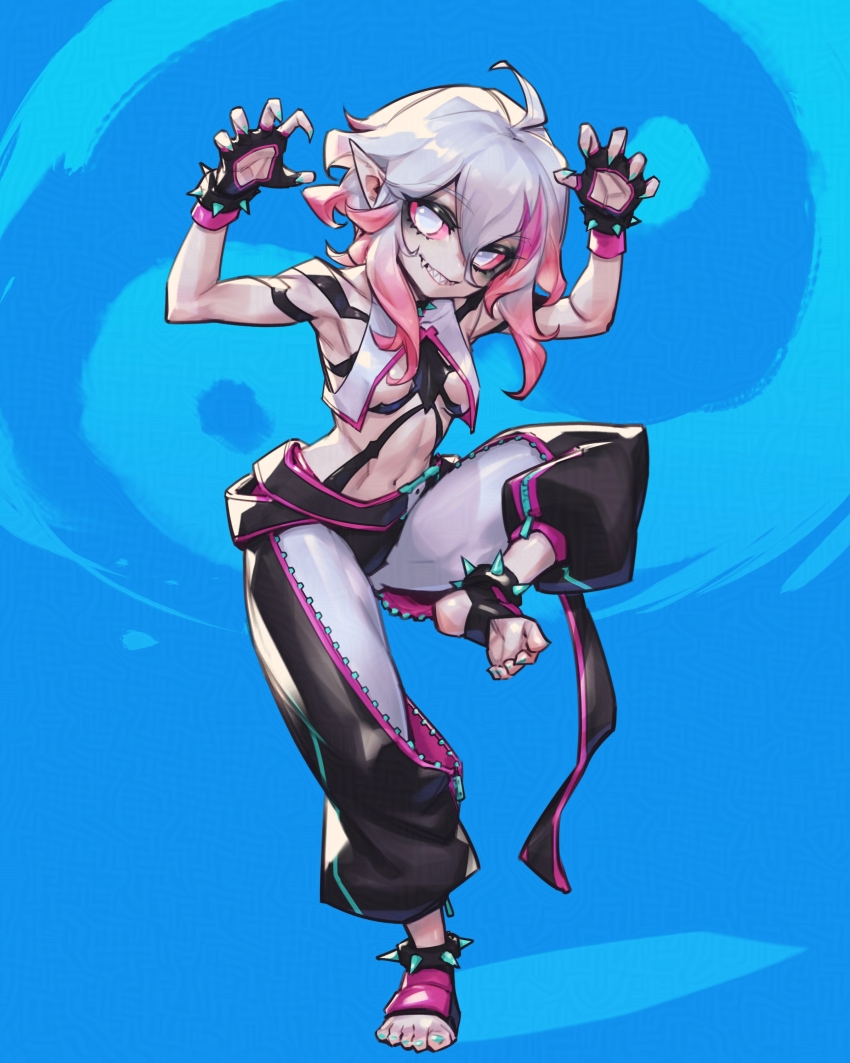 1girl, absurdres, ahoge, black_gloves, black_pants, blood_golem, blue_background, breasts, briar_(league_of_legends), character_request, colored_skin, cosplay, cosplay_request, fingerless_gloves, gloves, grey_eyes, grey_skin, grin, hair_between_eyes, han_juri_(cosplay), hands_up, highres, league_of_legends, long_hair, navel, pants, phantom_cross, pink_hair, sharp_teeth, small_breasts, smile, stomach, teeth, two-tone_background