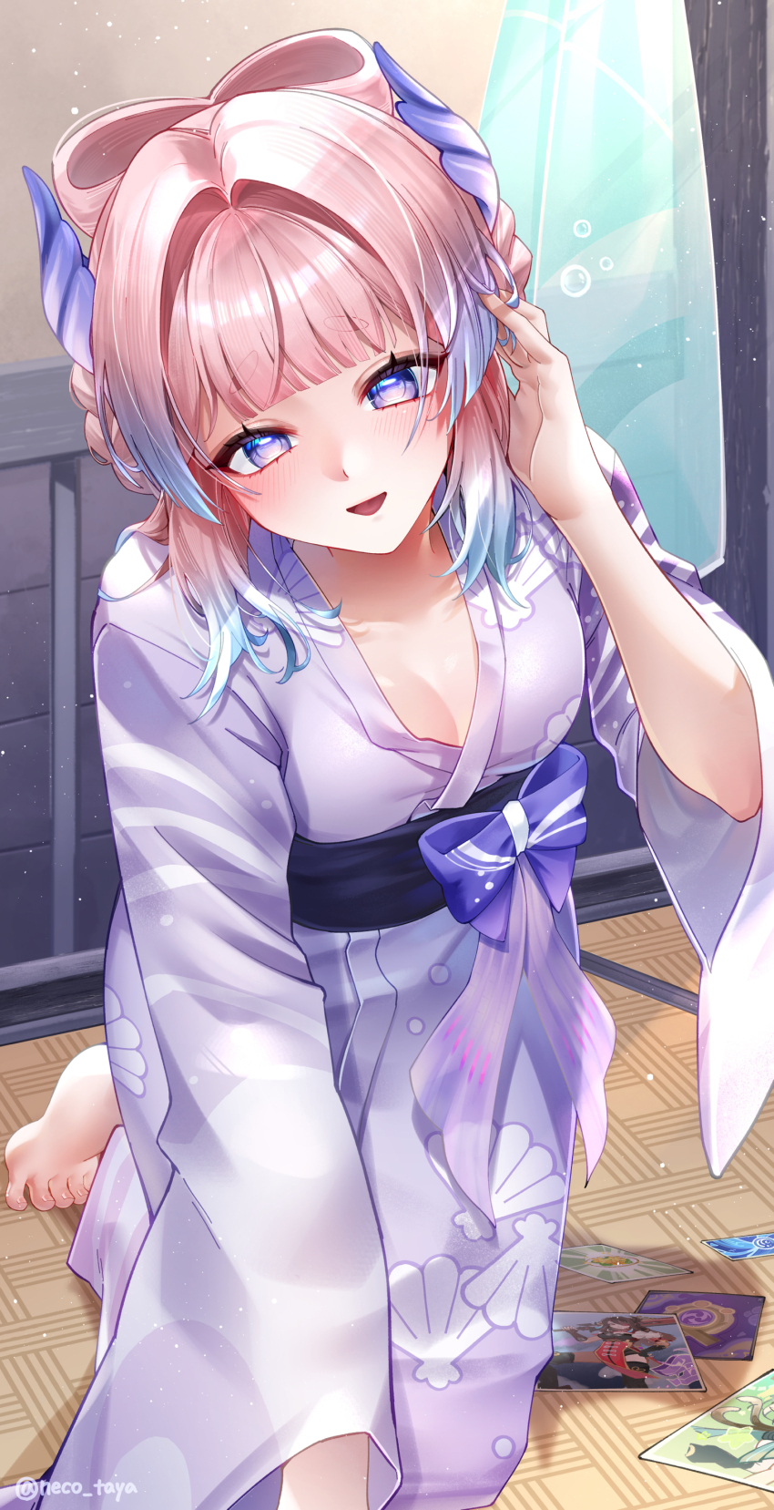 1girl, absurdres, blue_hair, blush, bow, bow-shaped_hair, breasts, collarbone
