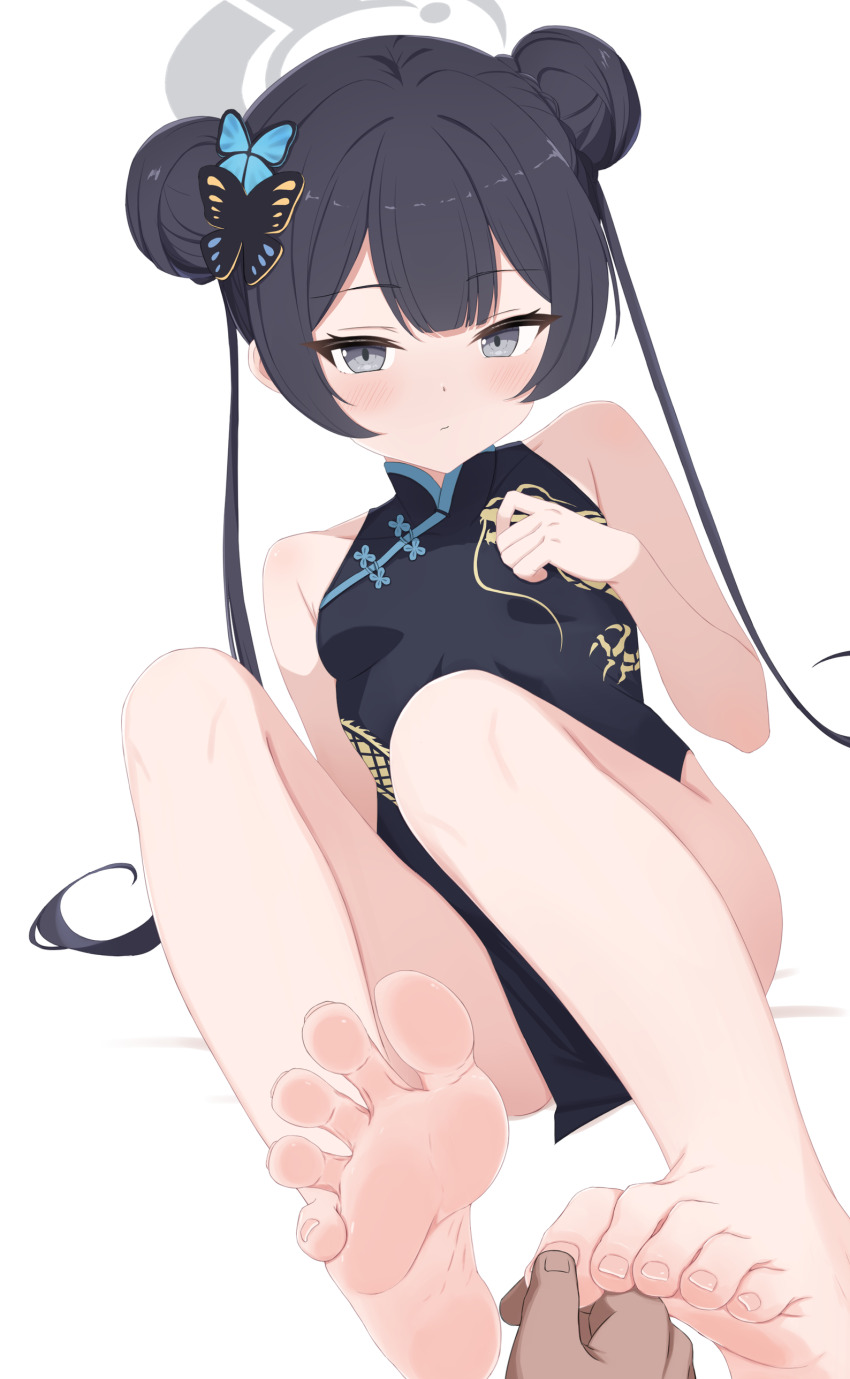 1boy, 1girl, absurdres, bare_legs, bare_shoulders, barefoot, black_dress, black_hair, blue_archive, blush, braid, braided_bun, breasts, butterfly_hair_ornament, china_dress, chinese_clothes, closed_mouth, double_bun, dragon_print, dress, feet, foot_focus, foreshortening, greek_toe, grey_eyes, grey_halo, hair_bun, hair_ornament, halo, hand_on_another's_foot, highres, kisaki_(blue_archive), legs, loli, long_hair, looking_at_viewer, no_shoes, pelvic_curtain, pinkiuzu, pov, pov_hands, print_dress, sitting, sleeveless, sleeveless_dress, small_breasts, soles, solo_focus, spread_toes, toe_scrunch, toenails, toes, touching_another's_feet, twintails