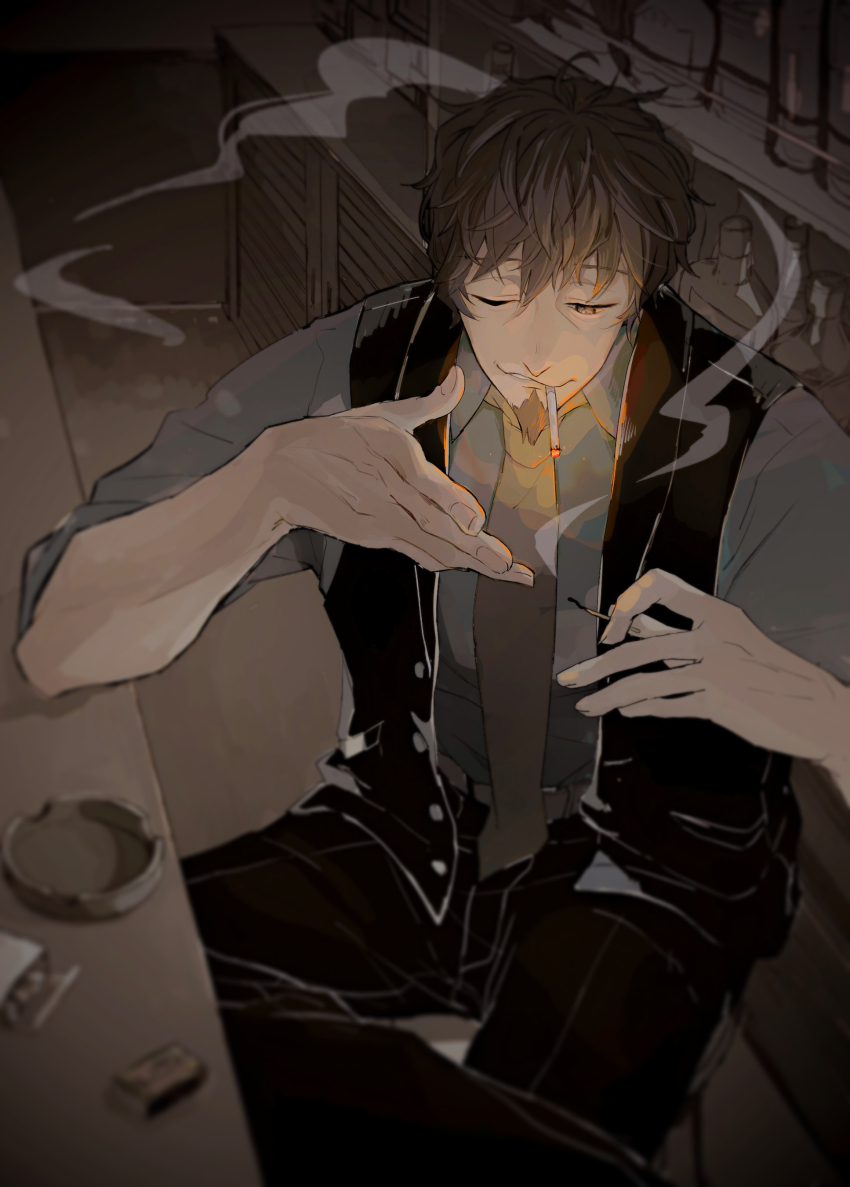 1boy, absurdres, alcohol, ashtray, bartender, black_vest, brown_eyes, brown_hair
