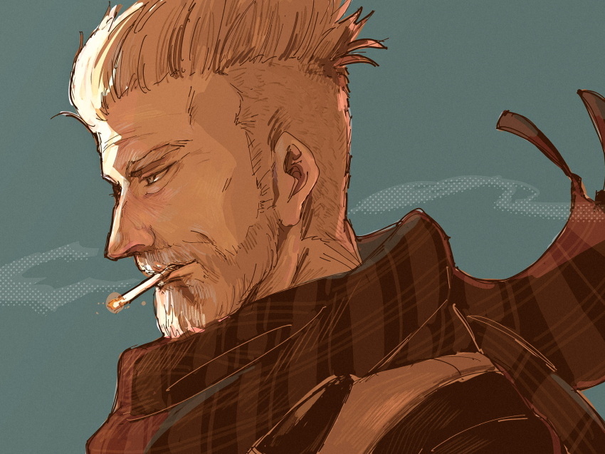1boy, bags_under_eyes, beard, blue_background, cigarette, connected_beard, facial_hair, fate/grand_order