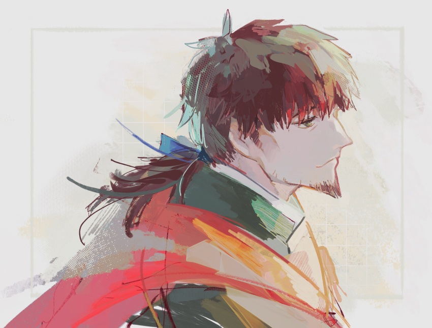 1boy, blue_ribbon, brown_hair, cape, cheekbones, closed_mouth, dark_skin, facial_hair