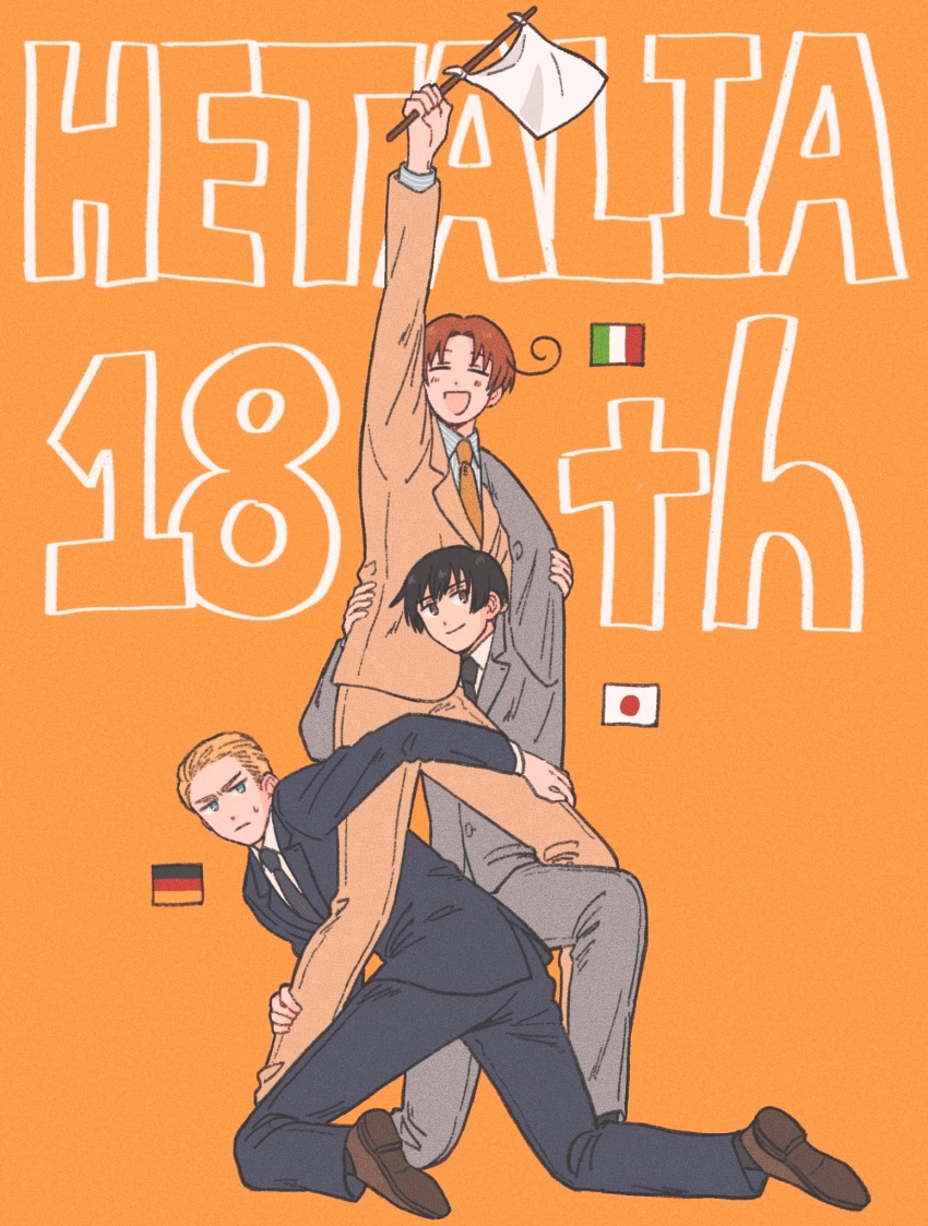 3boys, ahoge, anniversary, arms_up, axis_powers_hetalia, black_hair, black_jacket, black_necktie, black_pants, blonde_hair, blue_eyes, brown_eyes, brown_shoes, closed_eyes, closed_mouth, collared_shirt, english_text, flag, formal_clothes, full_body, german_flag, germany_(hetalia), grey_jacket, grey_pants, gundam, gundam_narrative, highres, holding, holding_flag, italian_flag, jacket, japan_(hetalia), japanese_flag, lapels, long_sleeves, looking_at_another, multiple_boys, nazuna_krmt_s, necktie, northern_italy_(hetalia), on_one_knee, open_mouth, orange_background, orange_hair, orange_jacket, orange_necktie, orange_pants, pants, shirt, shoes, short_hair, smile, suit, suit_jacket, sweatdrop, text_background, white_flag, white_shirt