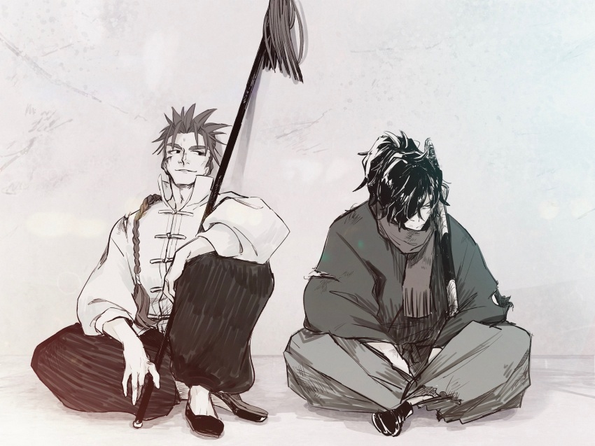 2boys, annoyed, braid, chinese_clothes, fate/grand_order, fate_(series), full_body, greyscale