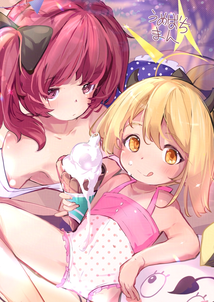 2girls, :q, bare_shoulders, blonde_hair, blue_archive, casual_one-piece_swimsuit, demon_girl, demon_horns