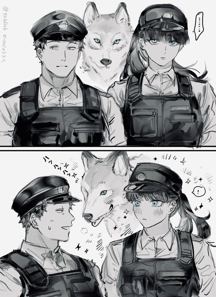 1girl, blue_eyes, blush, collared_shirt, dog, greyscale, hat, hayasaka_ito, highres, itou_wataru, lock_on, long_hair, monochrome, oo6, police, police_hat, police_uniform, policeman, policewoman, shirt, short_hair, sparkle, twitter_username, upper_body, vest
