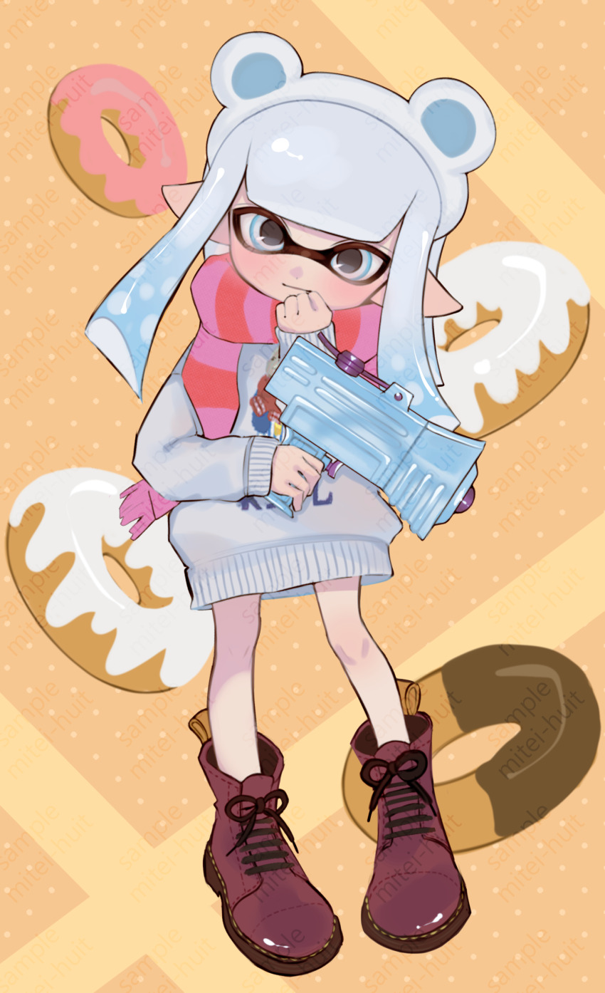 1girl, absurdres, animal_ear_hairband, animal_ears, bare_legs, bear_ears, blue_eyes, blue_hair