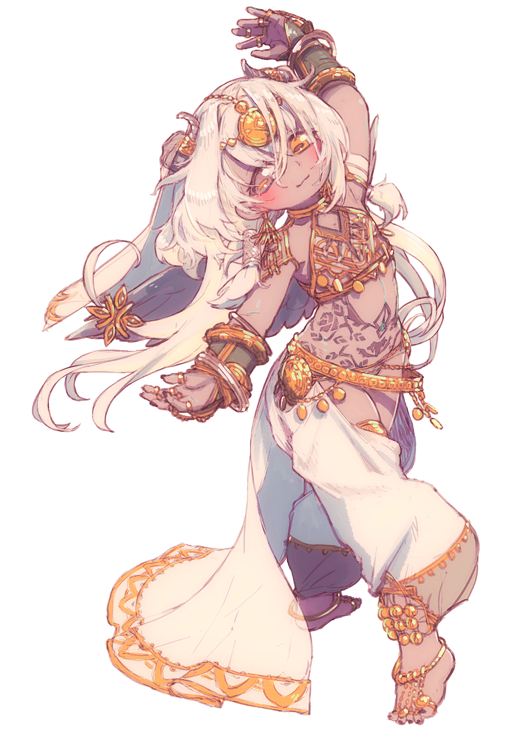 1girl, alternate_costume, amaryllis_gumi, anklet, arabian_clothes, arm_up, bangle, barefoot