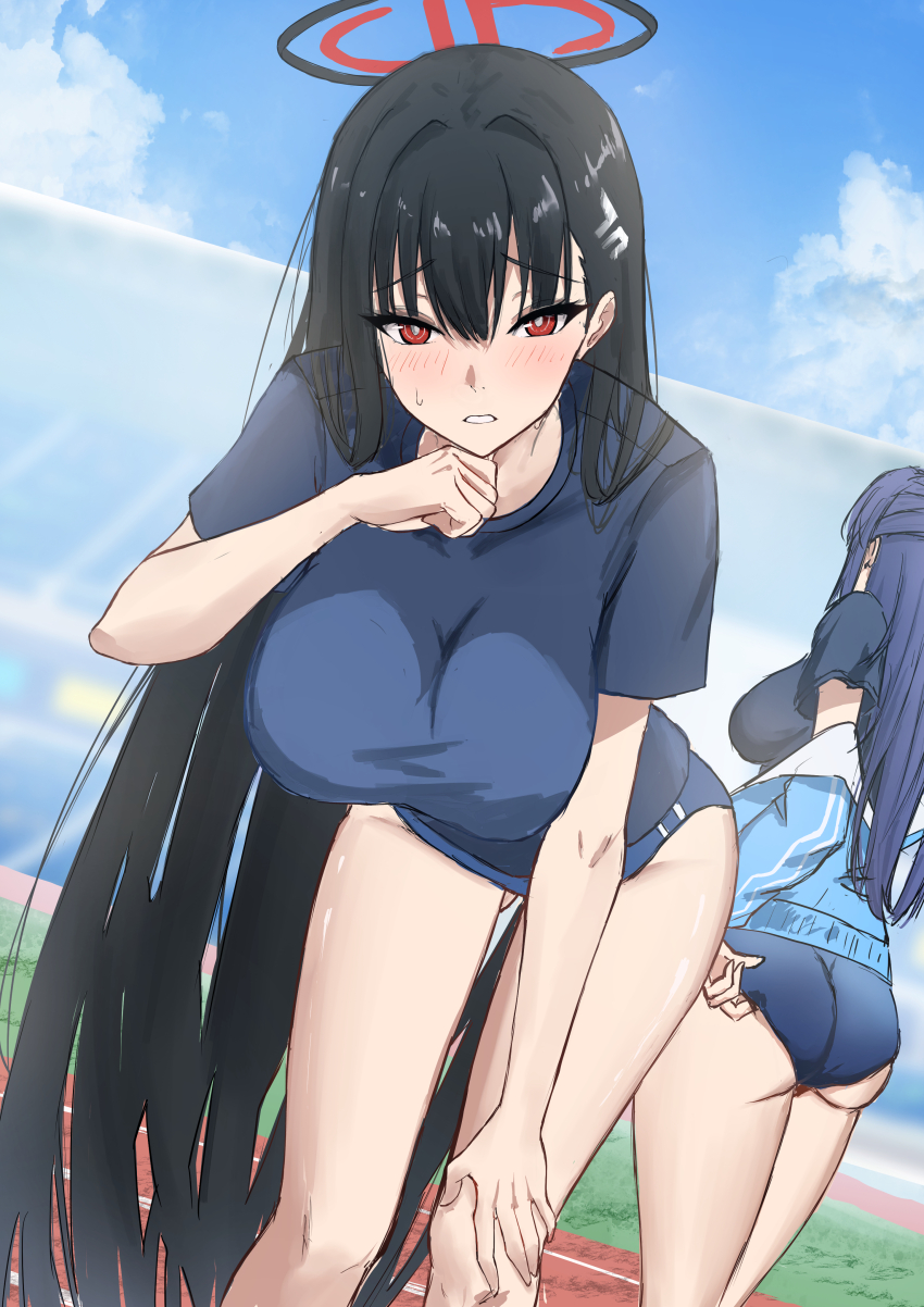 2girls, absurdres, asao_(asaomm12345), ass, back, black_hair, blue_archive, blue_sky